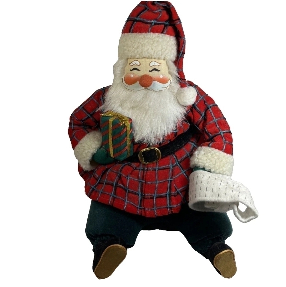 Vintage Fabric Face Santa Clause Sitting Christmas List Presents Musical Decor
